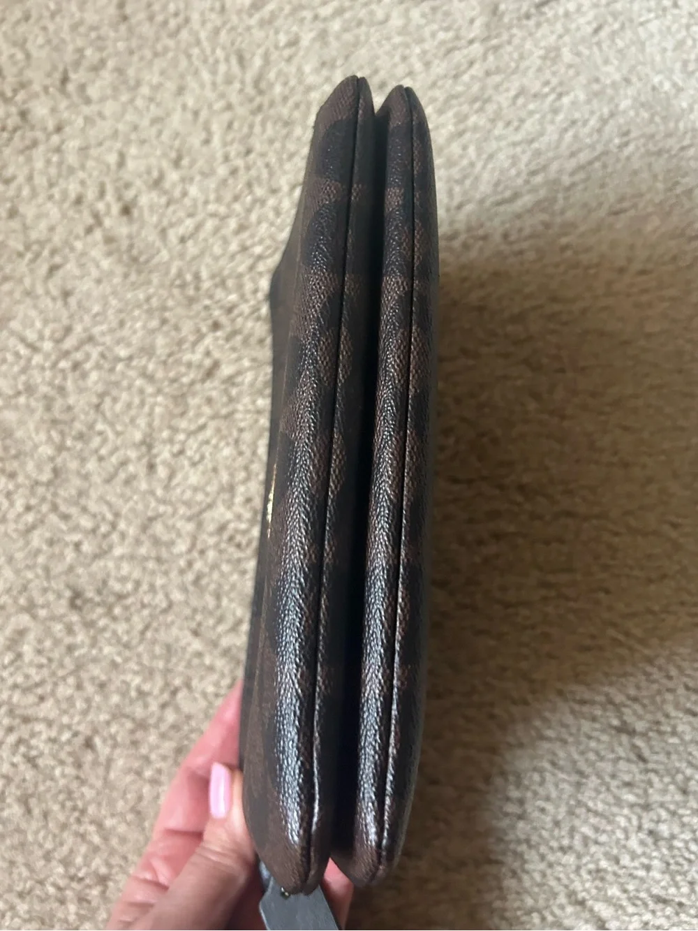 Coach Monogram Double Zip Wristlet in Brown and Black with Gold Hardware. F16109